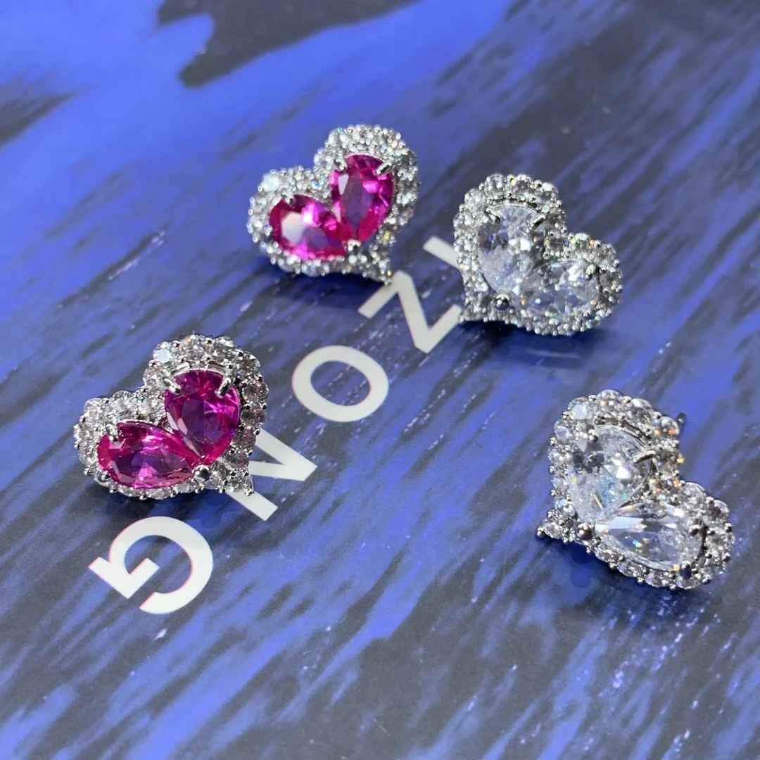 铜合金锆石耳饰 设计师胭脂红宝不规则爱心耳钉01ED1275