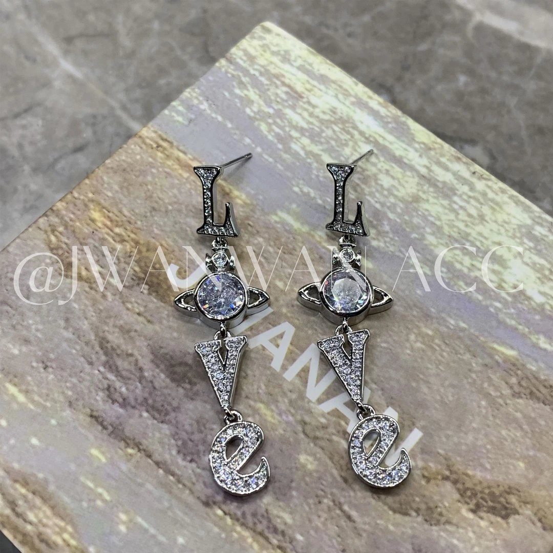 铜合金锆石耳饰 轻奢土星字母满钻长耳环