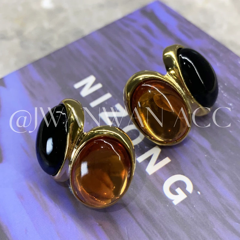 铜合金石英石耳饰 黑玛棕晨.复古双色猫石冰透金色耳环01ED1582