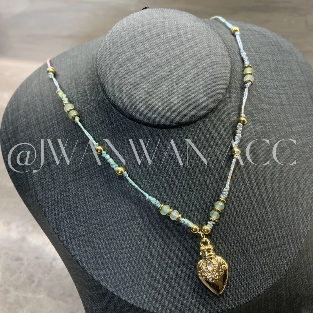 铜合金项链 桃心塞纳.复古编织绿珠金色桃心设计师项链