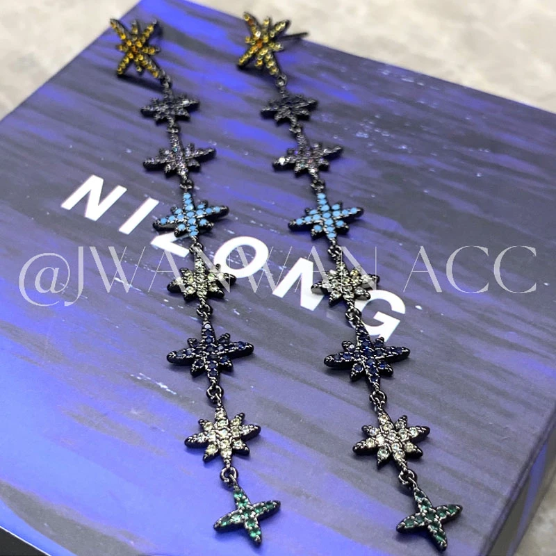 铜合金锆石耳饰 暗黑女主.彩色八芒星流苏黑色长款耳环01ED1692