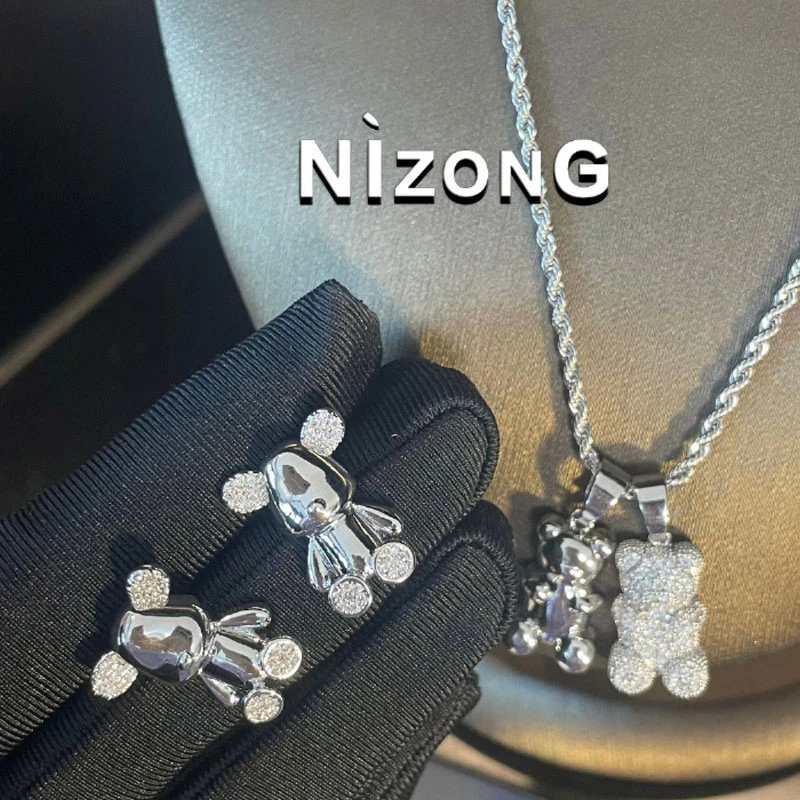 铜合金锆石耳饰 精致银色小熊耳钉01ED308