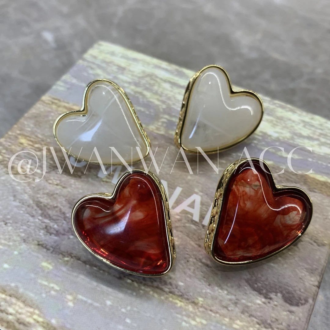 铜合金石英石耳饰 桃心太妃糖.复古桃心双色心型耳钉01ED2352