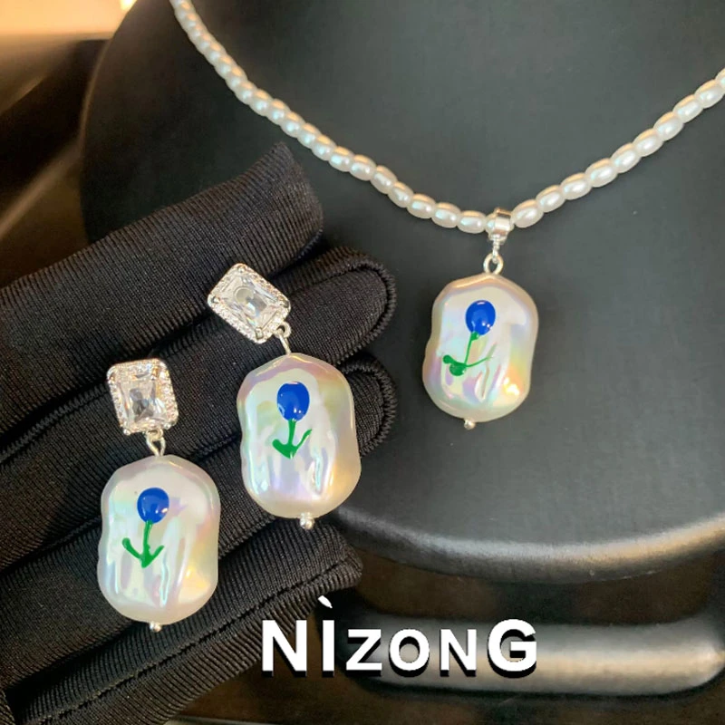 铜合金仿珍珠项链 法式郁金香油画项链08MY839