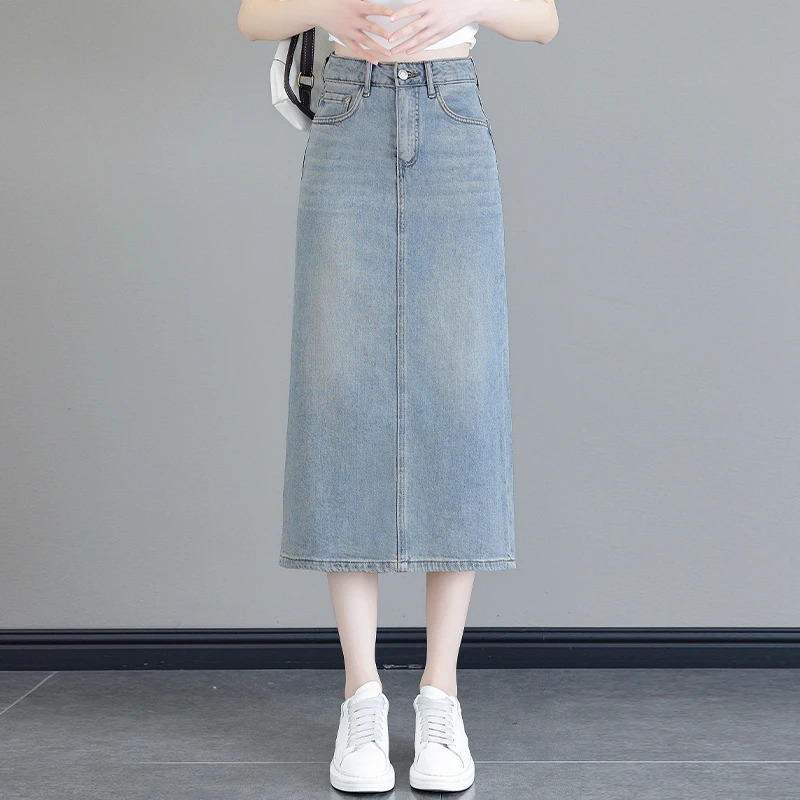 开叉牛仔半身裙女高腰夏季2024新款复古直筒a字中长款包臀裙薄款