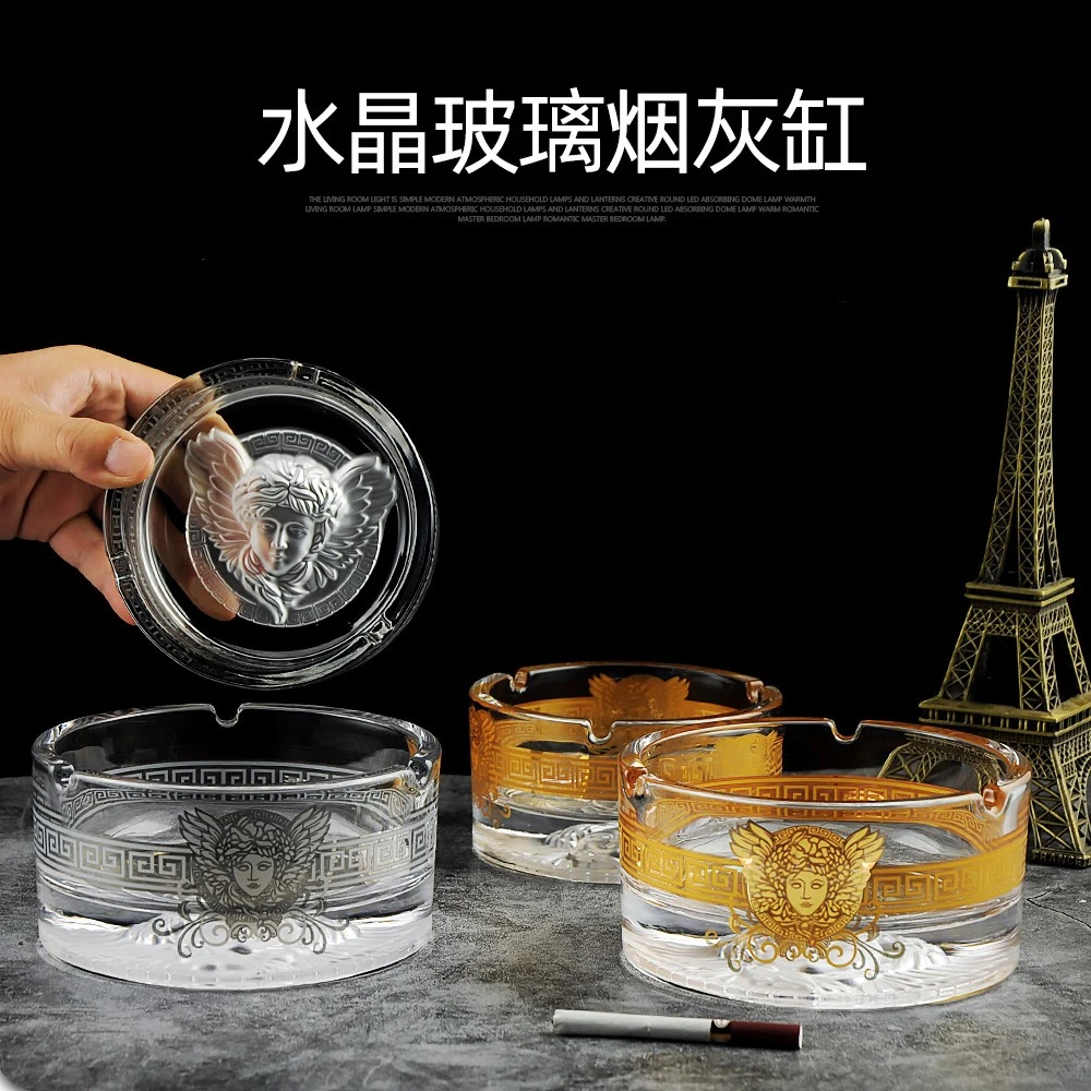 高档水晶玻璃厚底圆形美杜莎底磨砂底金银花边烟灰缸