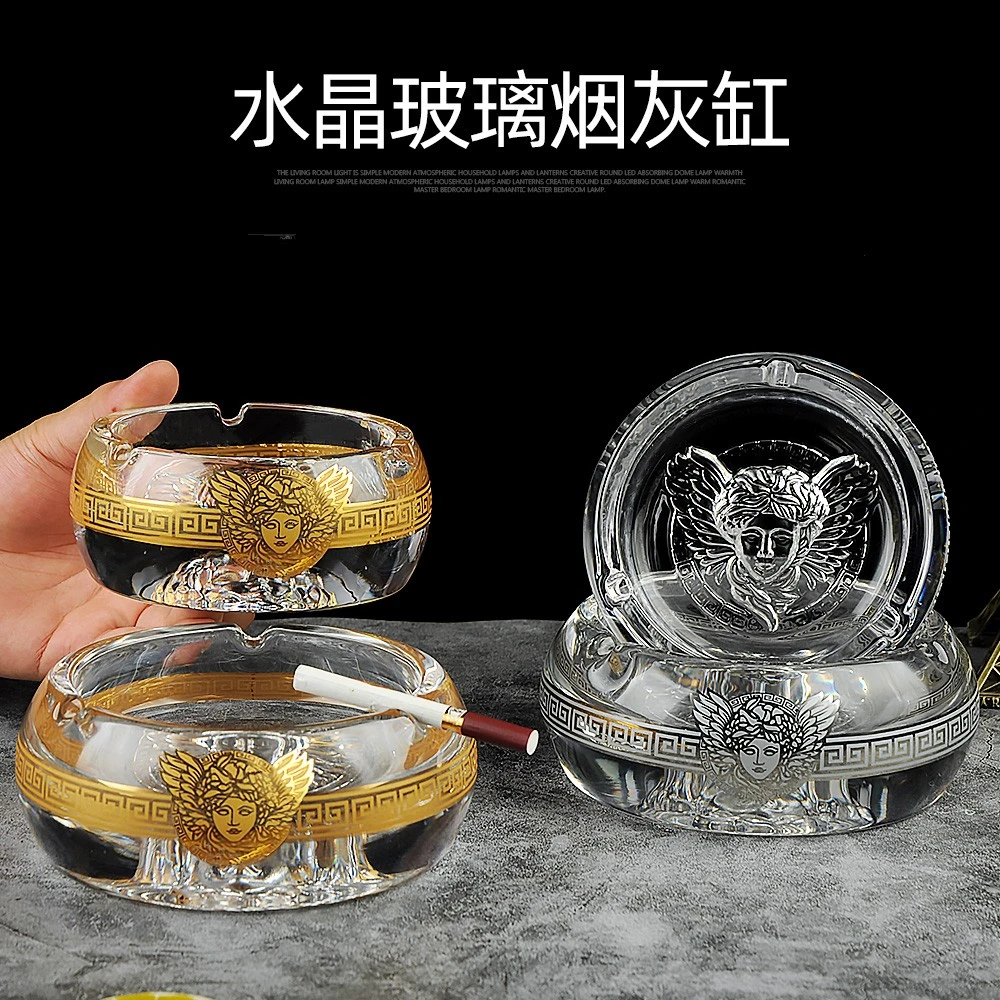 高档水晶玻璃圆形美杜莎底清光金银花边烟灰缸