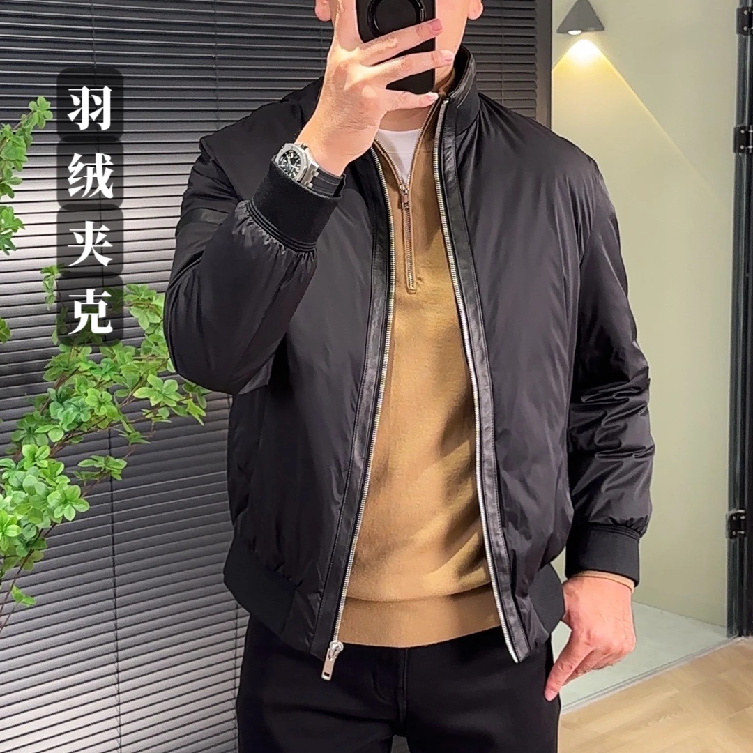 48017冬季新品高品质男士时尚简约拼皮休闲轻商务立领夹克羽绒服