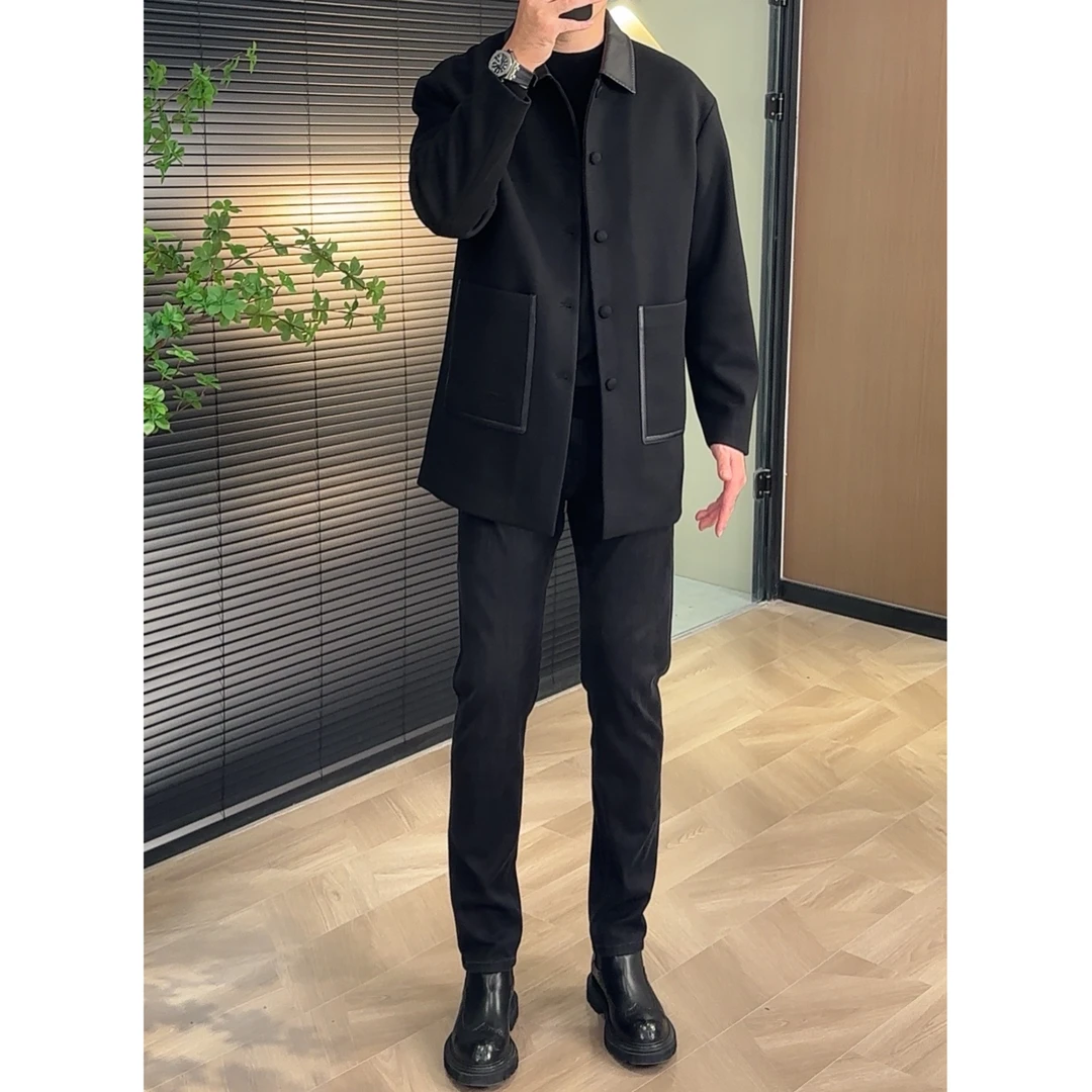 0088男士秋冬时尚潮流中长款羊皮拼接翻领毛呢大衣外套