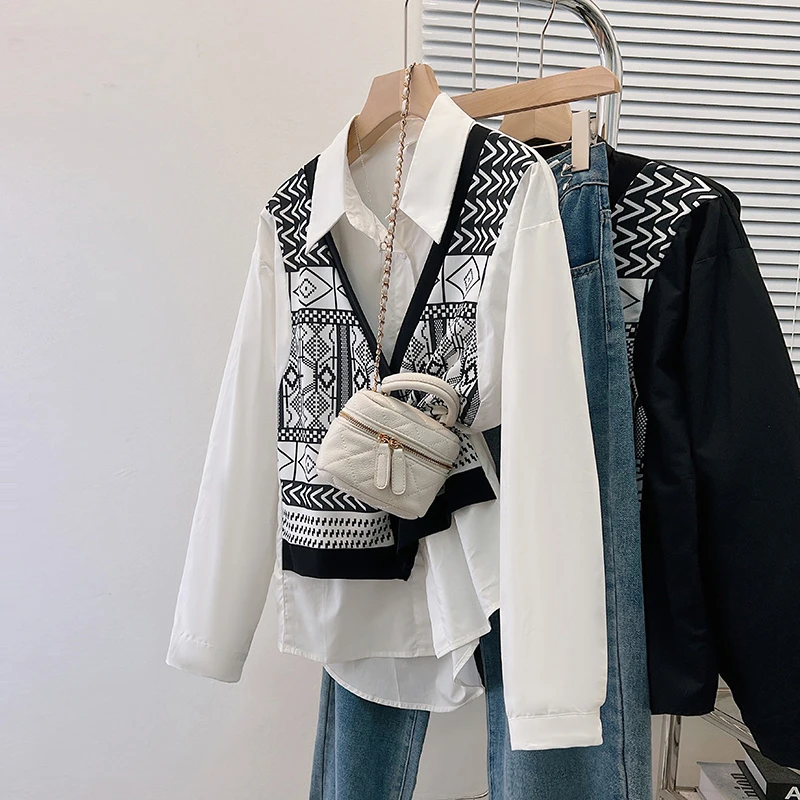 2023年秋冬学院风拼接假两件设计感衬衫女胖妹妹休闲气质宽松上衣