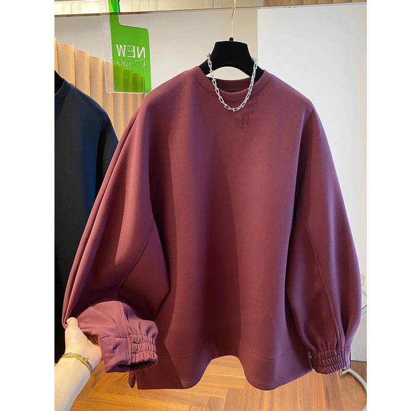 春秋新款韩系高级感纯色圆领慵懒风卫衣女大码宽松简约上衣百搭潮