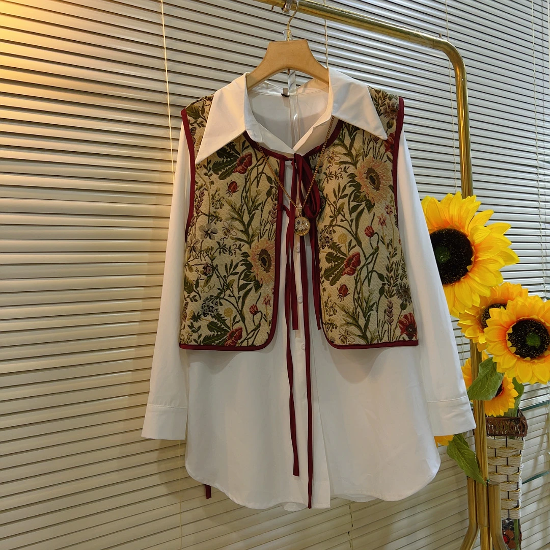 MG秋冬新款印花马甲假两件衬衫