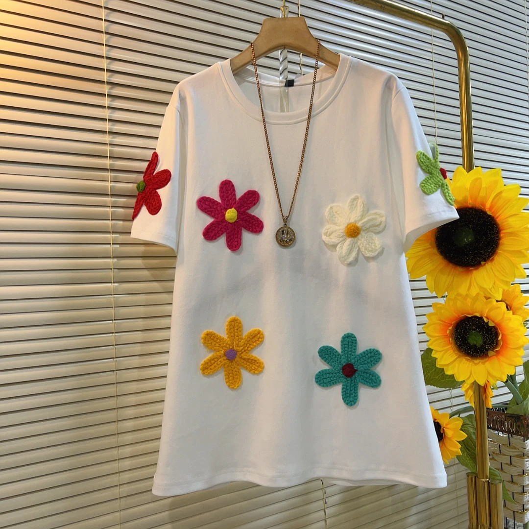 AXY秋冬新款时尚圆领立体花朵短袖T恤上衣