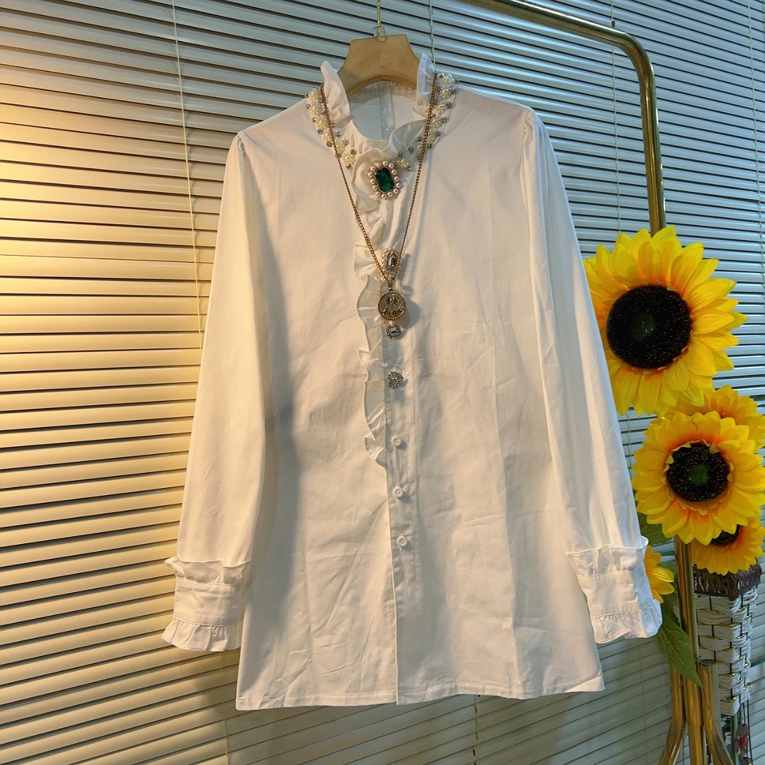 PS秋冬新款纯色重工钉珠遮肉衬衫女