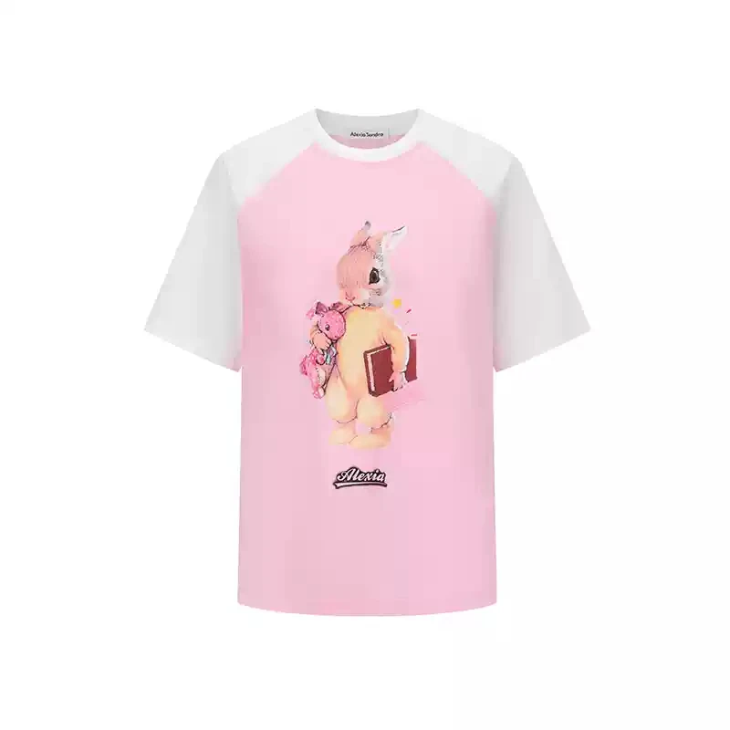 王鹤润同款-Alexia Sandra大兔子印花插肩圆领拼色短袖T恤女