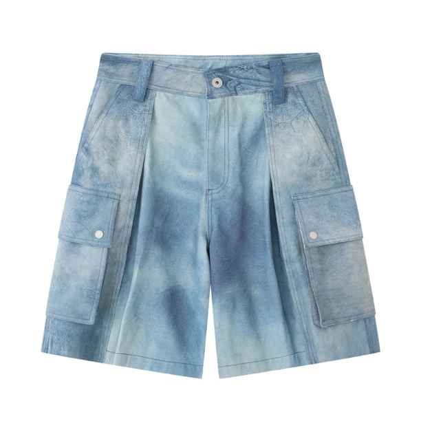 ANGEL CHEN蓝染羊皮拼接短裤