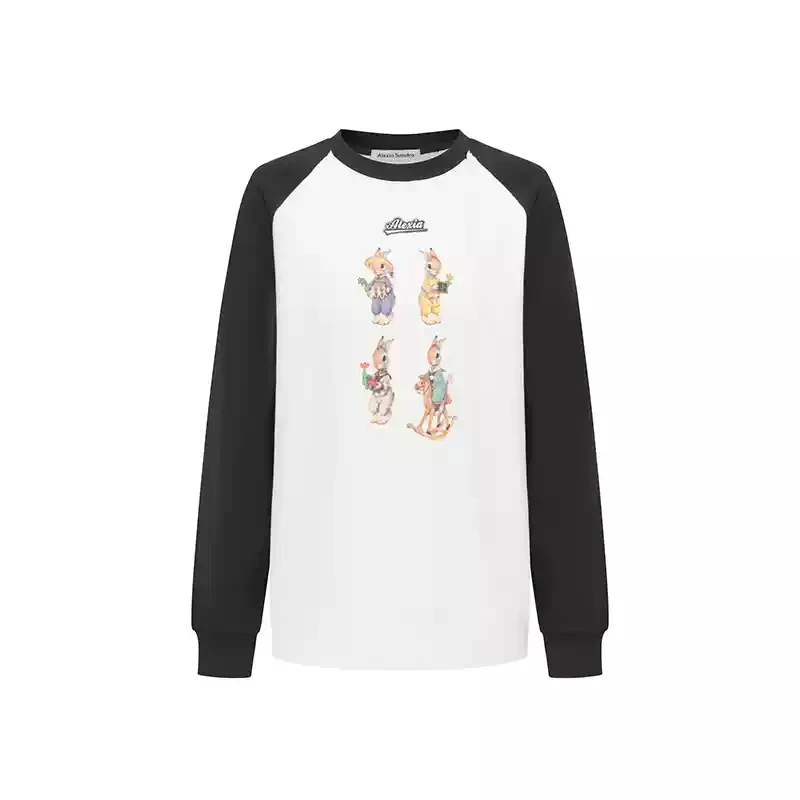 Alexia Sandra小兔子印花插肩袖撞色拼接圆领卫衣