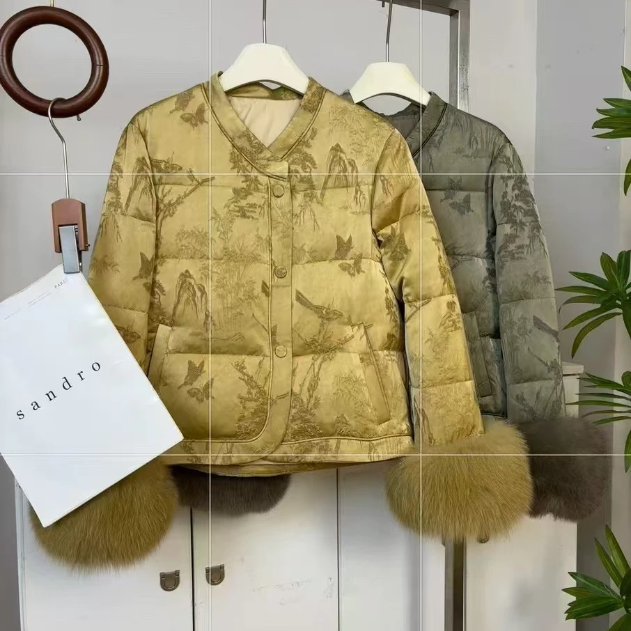 韩版重工提花真毛袖白鸭绒羽绒服