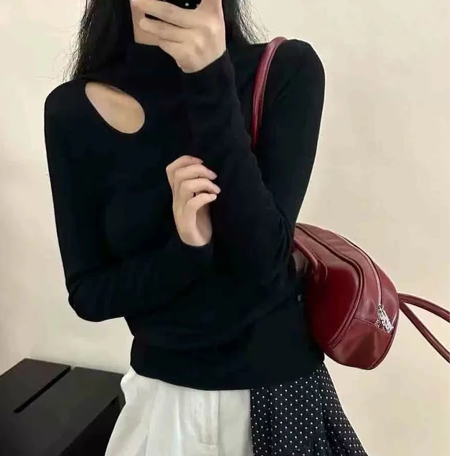 韩版高领保暖加绒小心机l螺纹打底衫