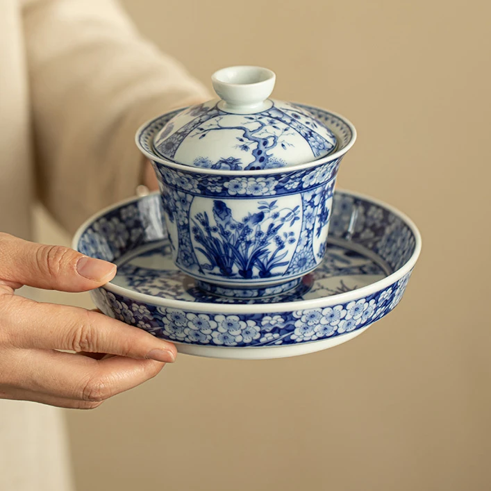 仿古青花三才盖碗不烫手泡茶碗家用中式复古陶瓷功夫茶具泡茶器