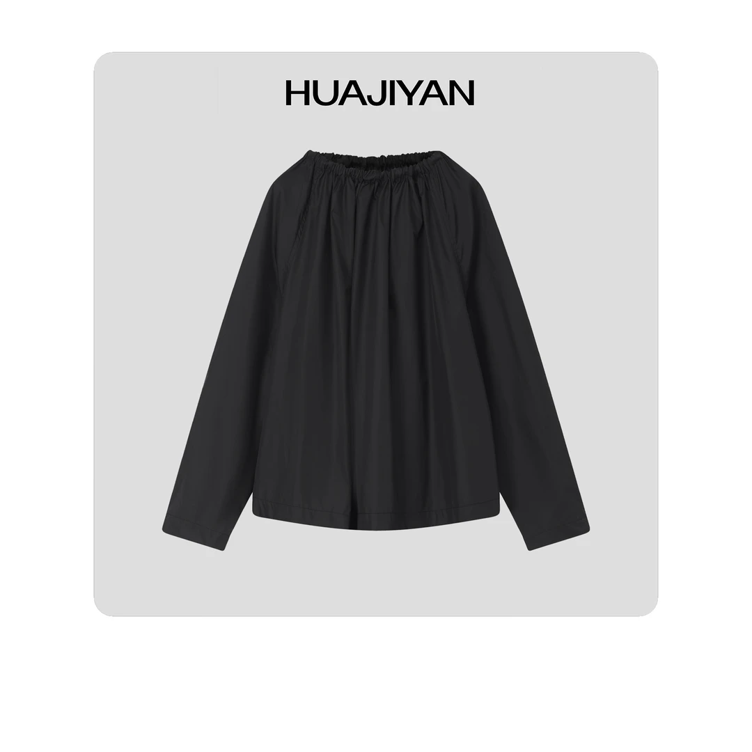华吉言/HUAJIYAN【黑糖】空气感褶皱抽绳一字肩长袖衫