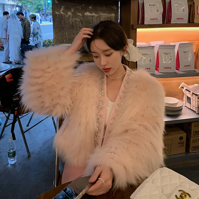 新款貉子毛车条皮草外套女短款 显瘦水钻名媛风小个子大衣冬2280