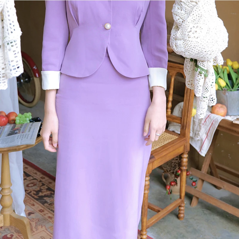 LAOXIAO服饰 法式复古双色花瓣领西装外套女半身裙套装250