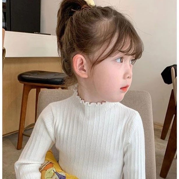 女童打底衫洋气2025春秋新款女孩宝宝花边半高领纯色内搭针织毛衣