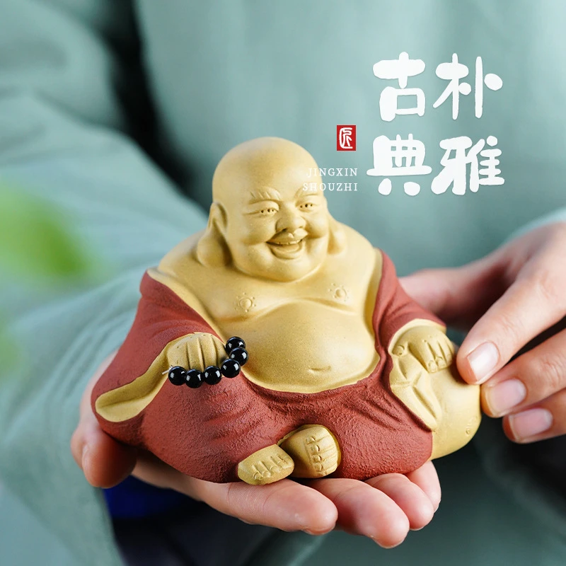 原矿段泥紫砂茶宠功夫茶具配件茶桌小摆件弥勒手工粉浆茶玩