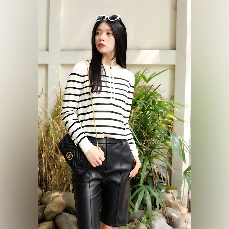 菲洛索菲好会穿上新月秋冬老钱风长袖圆领条纹丝羊绒时尚百搭上衣