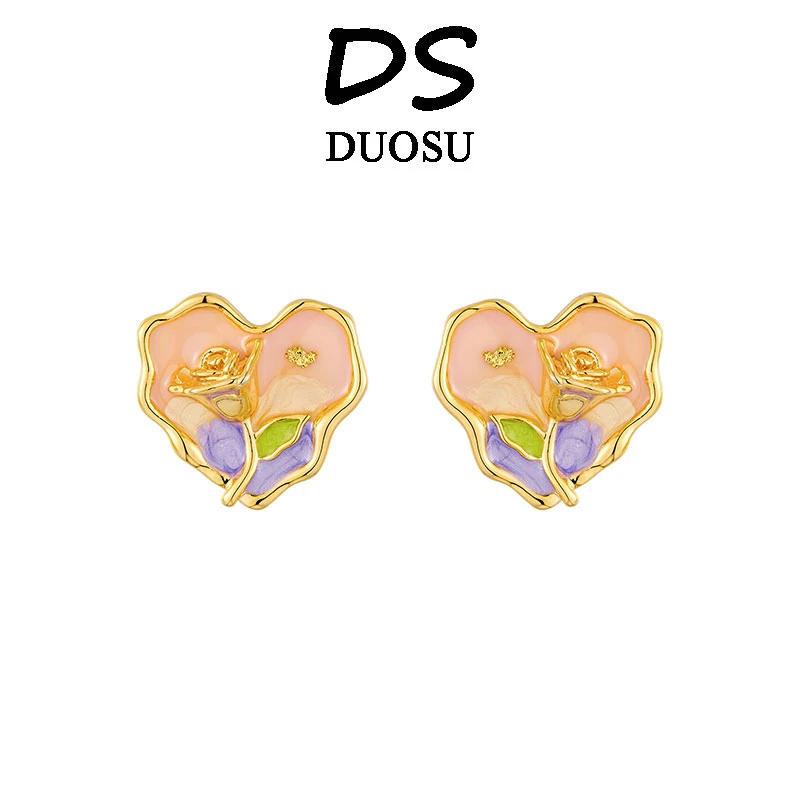 铜合金珐琅耳饰 【莫奈油画】异形桃心浮雕玫瑰耳钉 32X0012