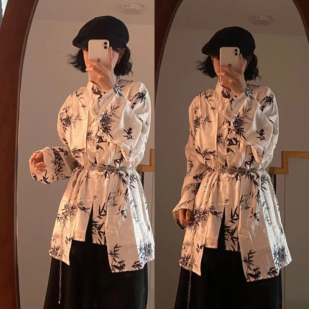wuli狗哥新中式提花拼接立体浮雕国风长袖衬衫
