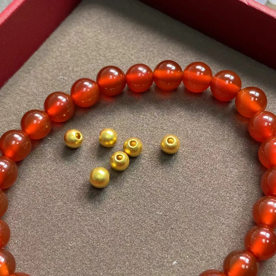 锦绣 足金999卡4mm古法金珠6颗搭红玛 瑙手串