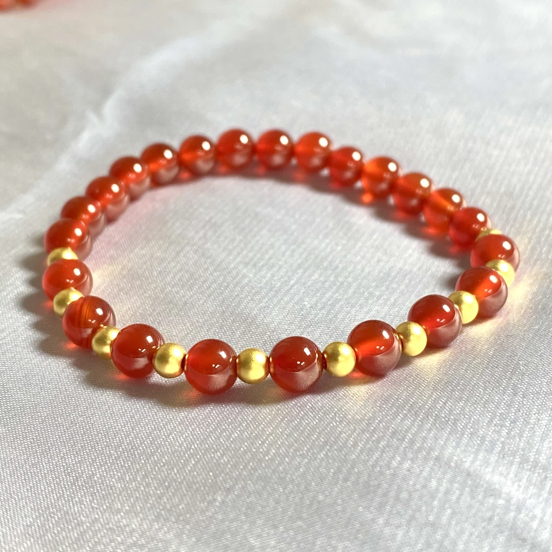 锦绣 足金999卡4mm古法金珠10颗搭红玛 瑙手串