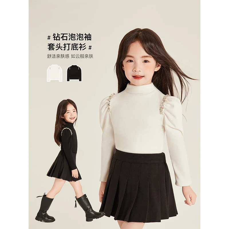 Amybaby女童上衣冬季2024新款高领百搭套头钻石链条泡泡袖打底衫