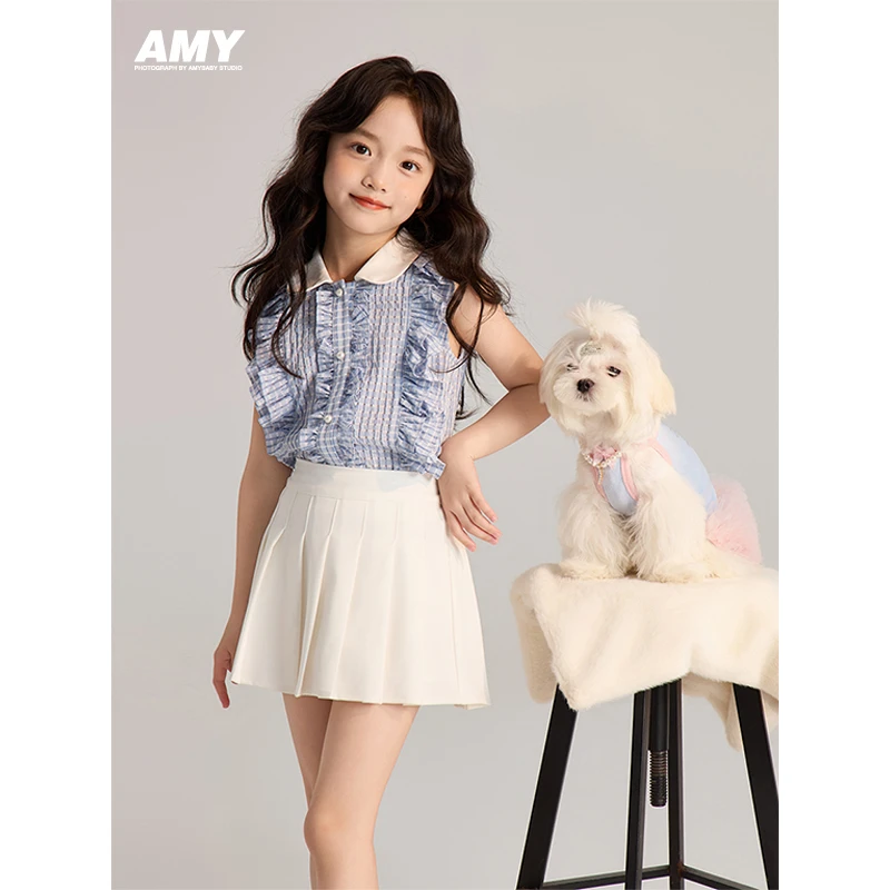 Amybaby女童上衣2024夏季新款气质时髦法式娃娃领无袖花边衬衫