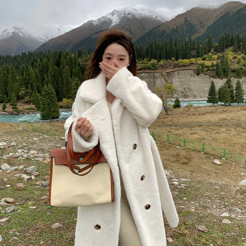 襢衣皮毛一体外套气质秋冬中长款宽松韩版保暖时尚外套大衣仿皮草