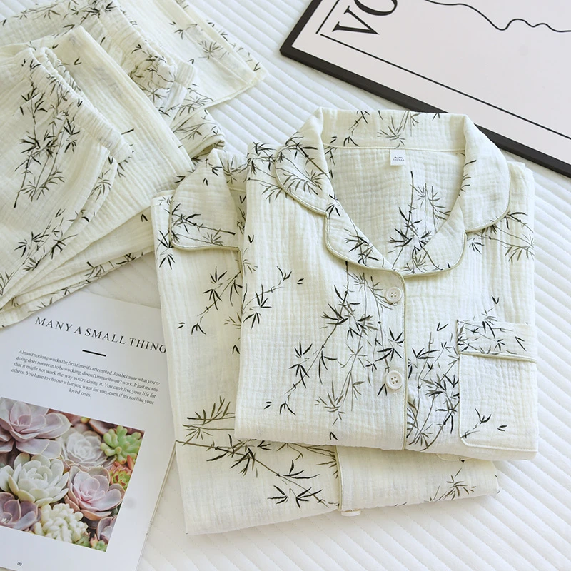 中国风睡衣套装情侣春秋薄款长袖长裤竹子印花男女纯棉纱布家居服