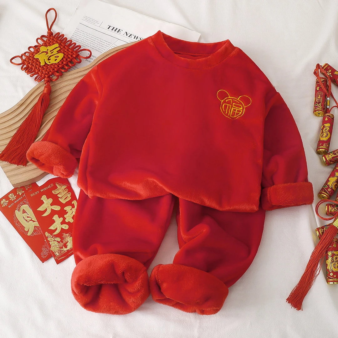 儿童法兰绒家居服套装本命年大红色睡衣中大童亲子装柔软男宝女宝