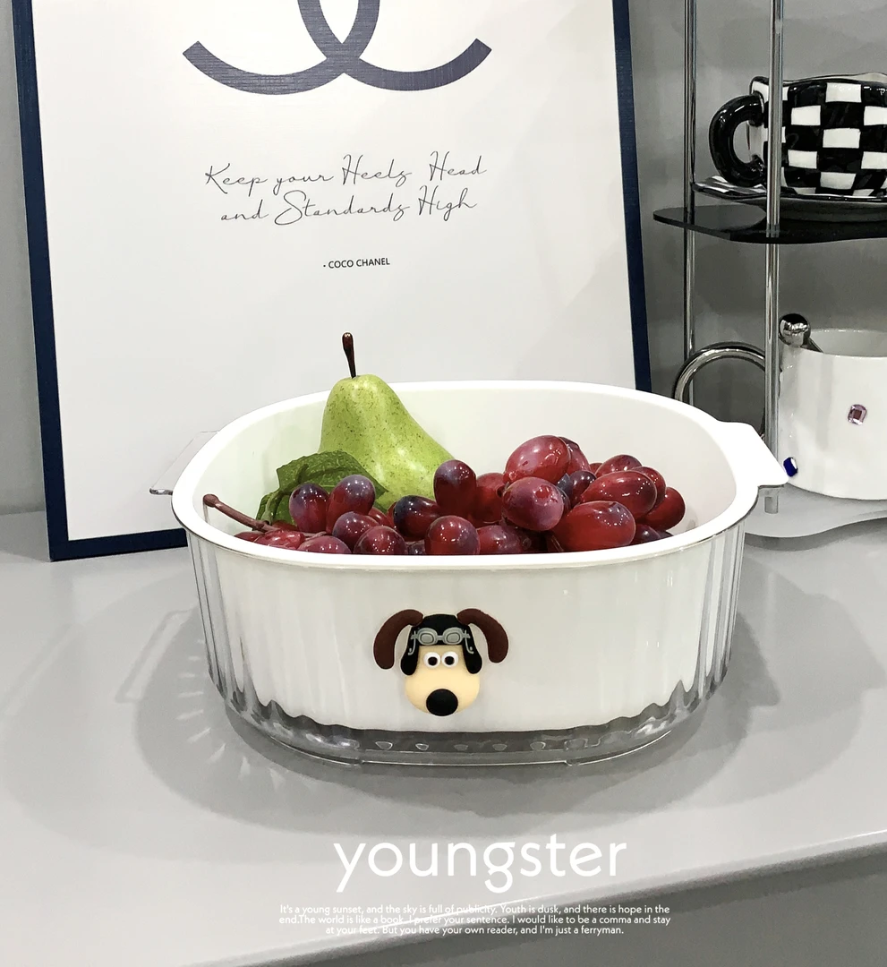 高颜值双层透明飞行狗沥水篮加厚大容量洗菜篮六件套