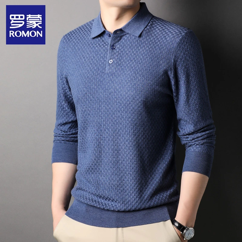 Romon/罗蒙男装2022春季针织薄款翻领POLO衫男士长袖T恤打底衫男