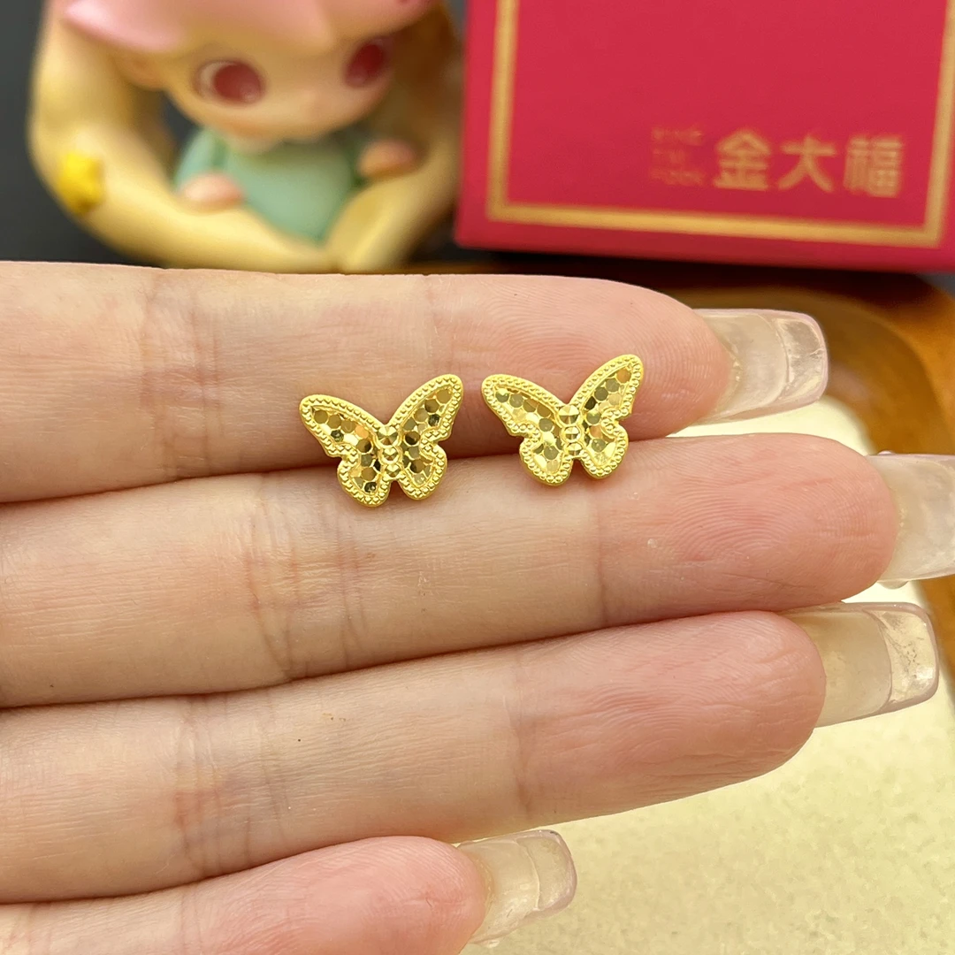 金大福足金999鱼鳞蝴蝶甜美耳钉黄金耳饰时尚经典真金简约3.96g