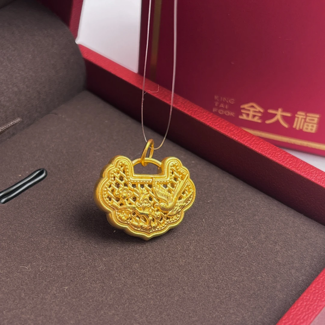 金大福足金999喜上眉梢金锁足金锁包吊坠竹报平安