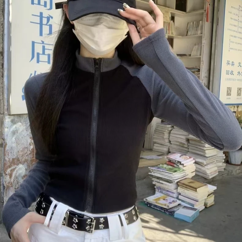 透气随心裁辣妹立领拉链开衫长袖T恤女秋季修身显瘦撞色短款上衣