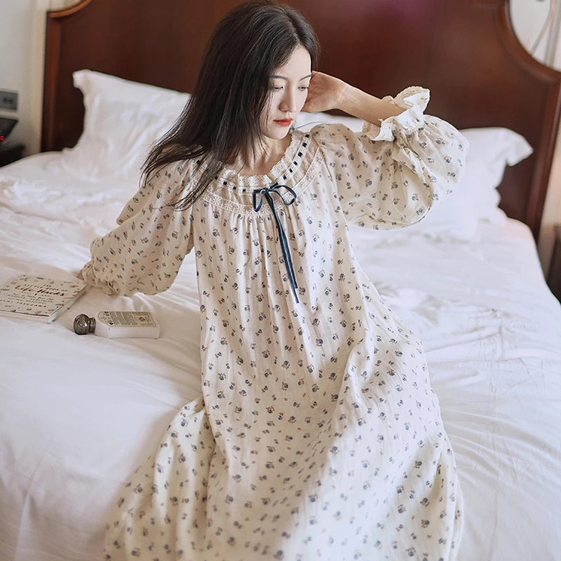 公主风法式复古春秋季宽松纯棉碎花带胸垫睡裙长款宫廷风少女睡衣