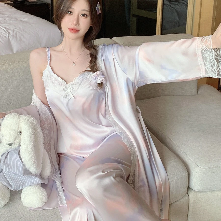 纯欲风睡衣女春秋性感蕾丝吊带套装冰丝家居服三件套