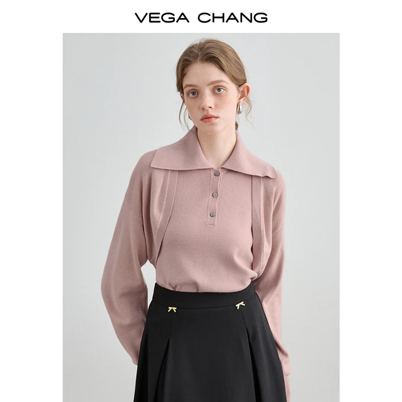 VEGA CHANG2025春季针织坎肩百搭背心洋气减龄两件套时尚翻领春季