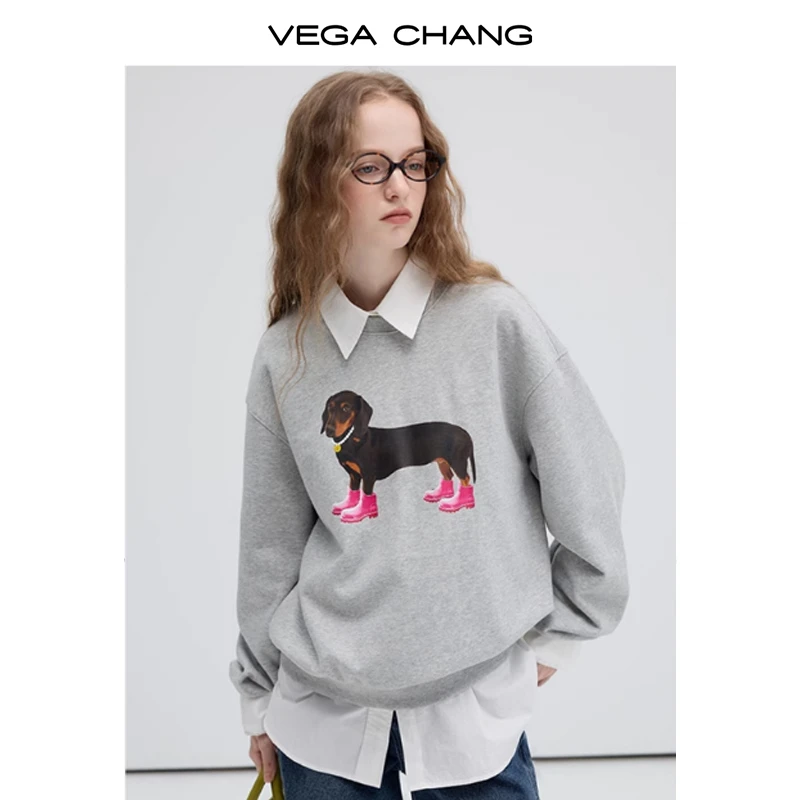 VEGA CHANG卫衣女2025年秋季新款美式复古撞色条纹印花0239LW