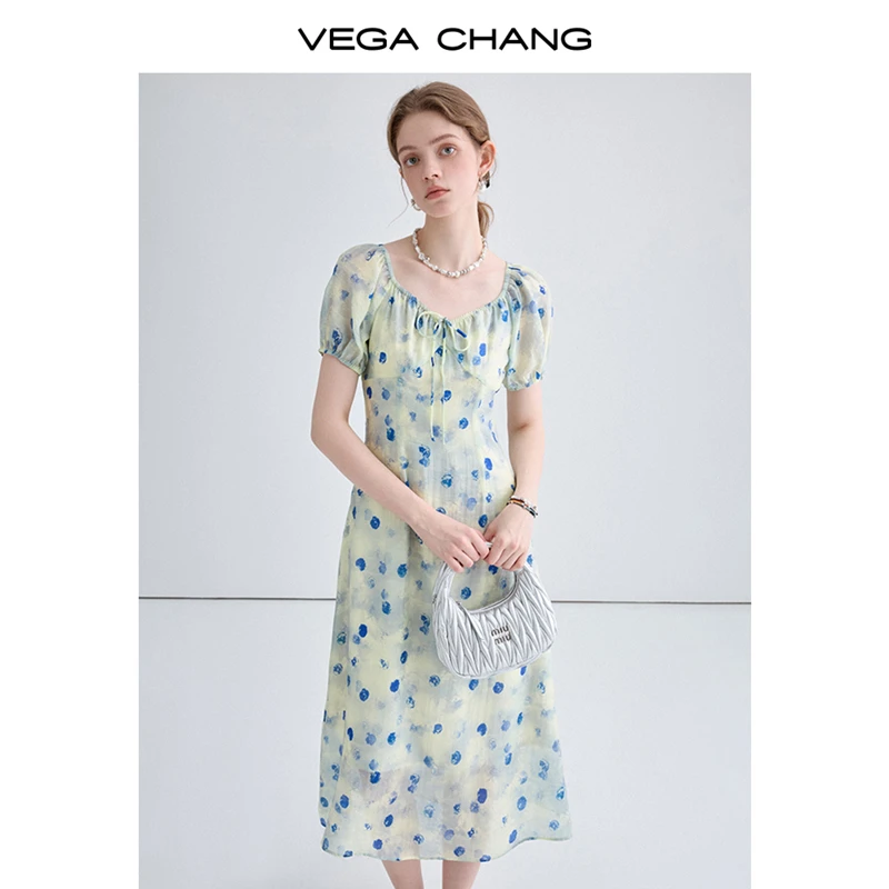 VEGA CHANG短袖连衣裙女2025年夏季新款油画波点设计法式尤莱特裙