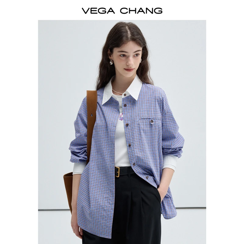 VEGA CHANG格子衬衫女2025年秋季新款撞色翻领法式休闲长袖上衣